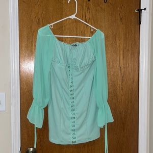 Teal peasant mini dress. NEVER WORN